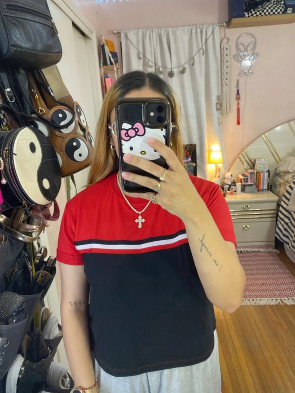 Hot Kiss Red and Black Colorblock Short Sleeve Tee with Stripe